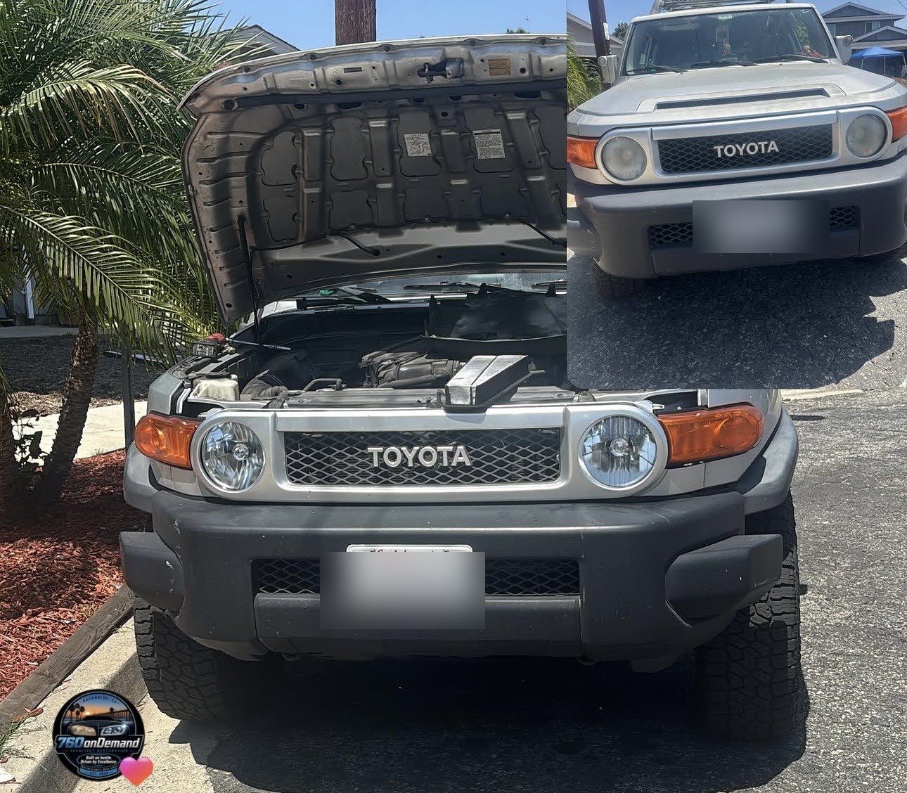 Before and after headlight restoration on a silver Toyota FJ Cruiser in Oceanside — sun-hazed yellow lenses restored to clear
